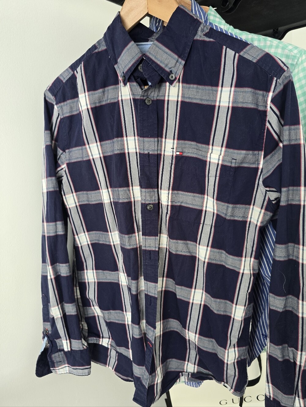 Men's Navy Stripe Button-Up Shirt - Classic Plaid